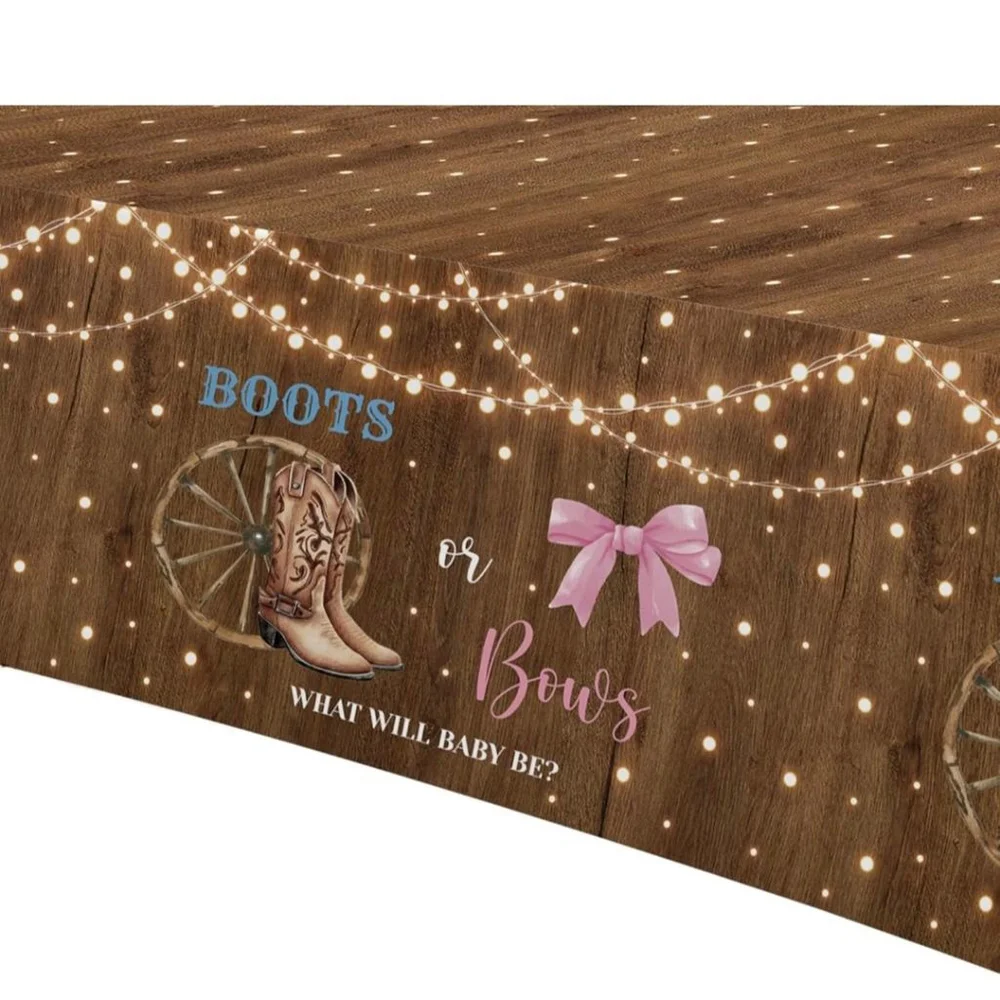 Boots or Bows Gender Reveal Party Decorations Banner and Table Cloths Brown Pink